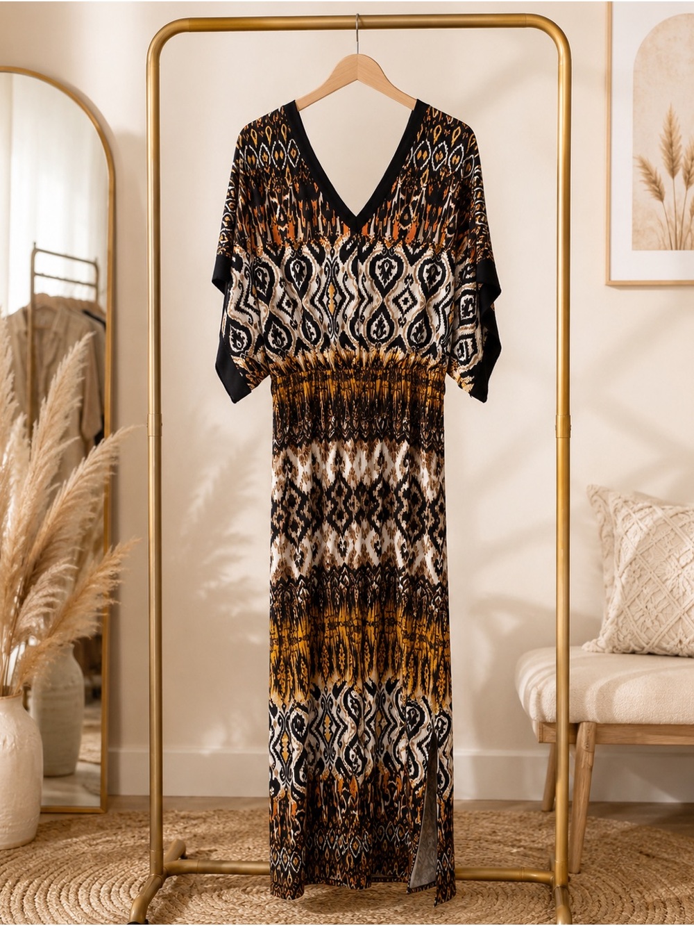 Emma & Michele Size M Boho Geometric Maxi Dress Split Sleeve Black Orange